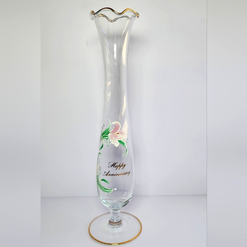 Fenton "Happy Anniversary" Rose Bud Vase Gold Trim